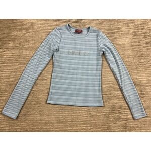 Mudd Top Womens Small Blue Long Sleeve Ribbed Rhinestone Logo Y2K 90s Vintage